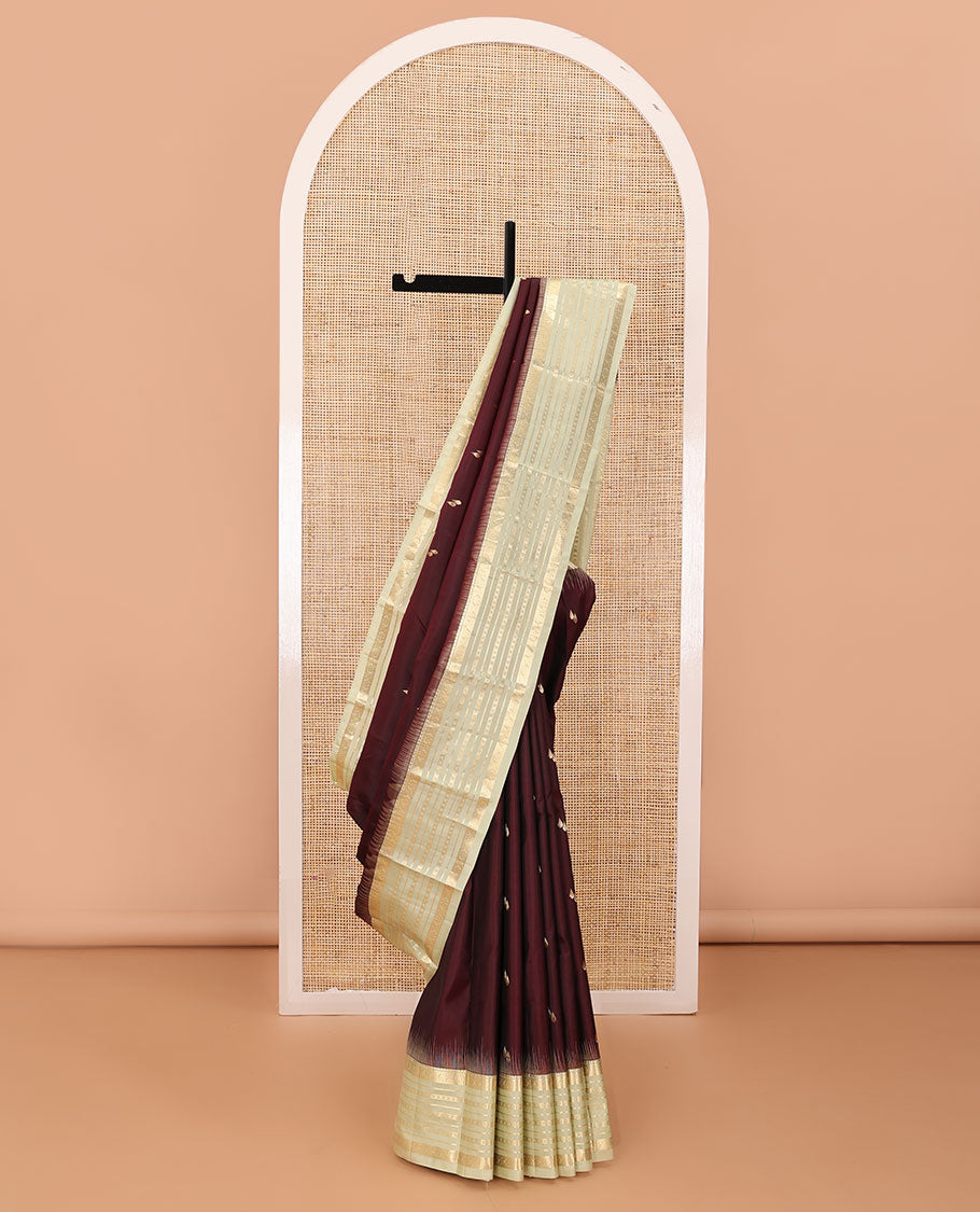 Maroon zari buttas silk saree, contrast border of rekku,banaras,cross kamalam & diamond & jaal pallu