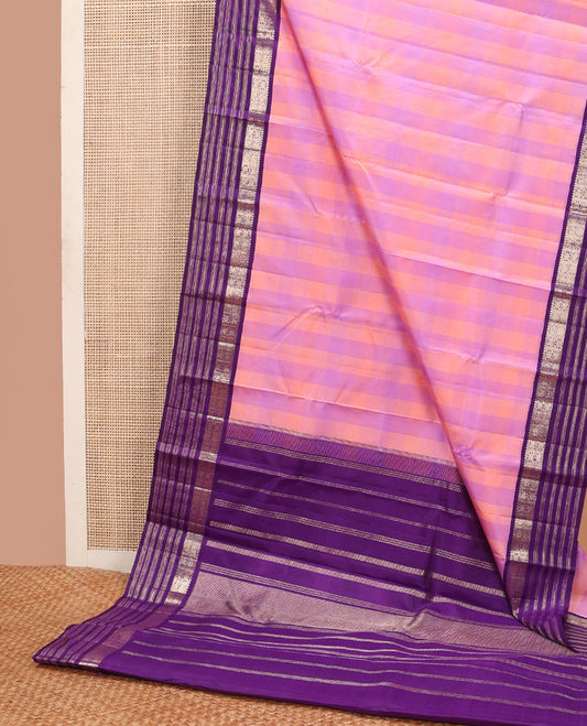 Multi-color checked design Kanchipuram silk saree, contrast korvai border of rekku, muthu, diamond, kuthirai, and mayil chakram, and zari design pallu