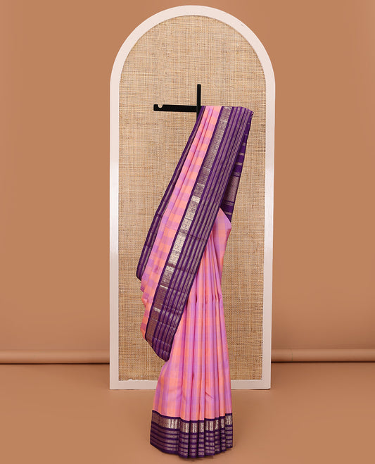 Multi-color checked design Kanchipuram silk saree, contrast korvai border of rekku, muthu, diamond, kuthirai, and mayil chakram, and zari design pallu