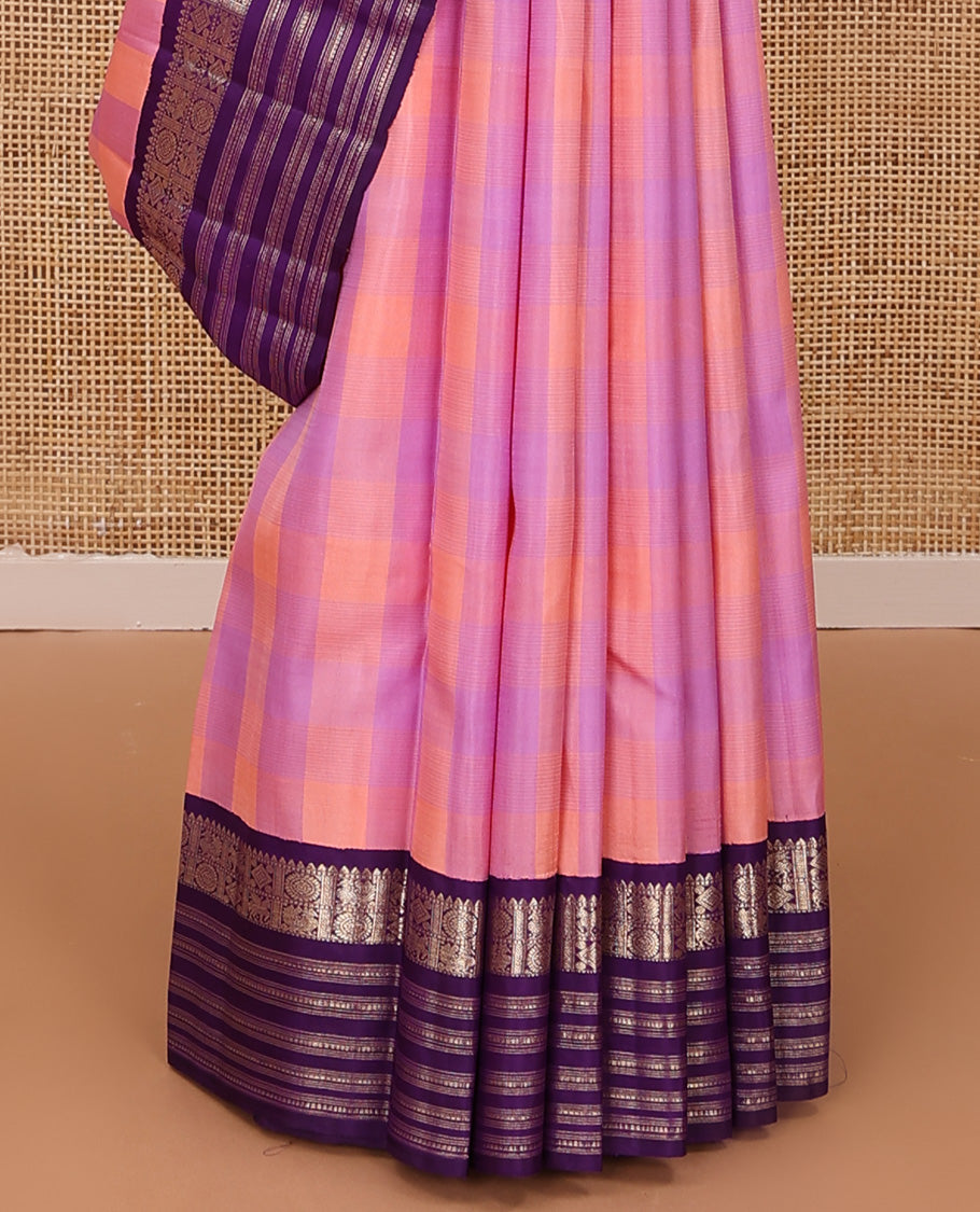 Multi-color checked design Kanchipuram silk saree, contrast korvai border of rekku, muthu, diamond, kuthirai, and mayil chakram, and zari design pallu