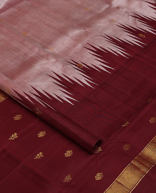 Onion pink zari buttas Kanchipuram silk saree, contrast thazampoo rekku zari buttas one-side border & zari design pallu
