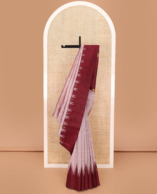 Onion pink zari buttas Kanchipuram silk saree, contrast thazampoo rekku zari buttas one-side border & zari design pallu