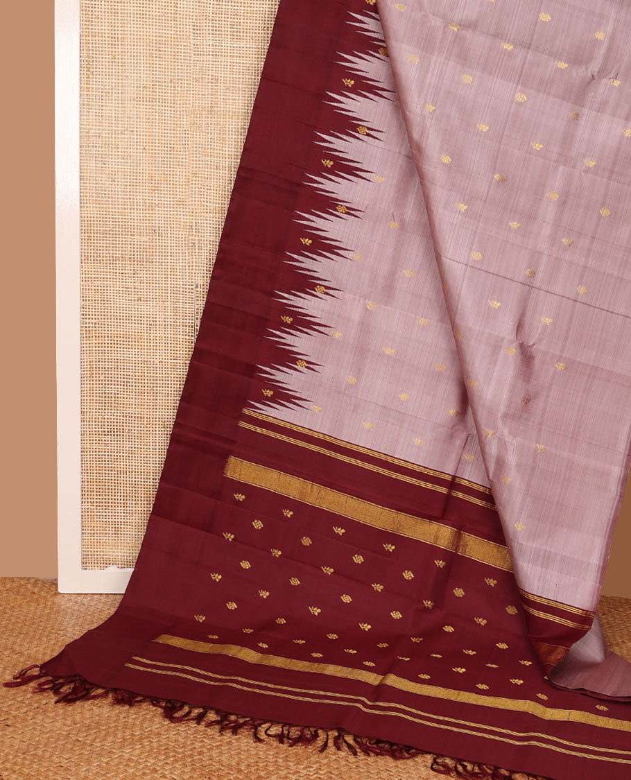 Onion pink zari buttas Kanchipuram silk saree, contrast thazampoo rekku zari buttas one-side border & zari design pallu