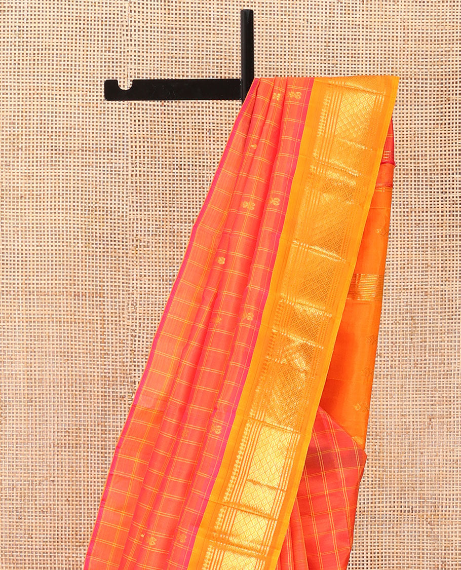 Orange checked Kanchipuram silk saree, contrast one-sided border of panner sombu,banaras,muthu & mayil kann & zari design pallu