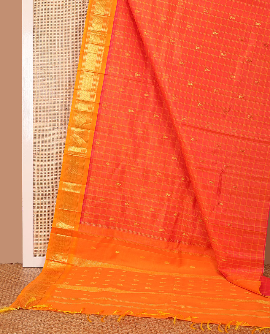 Orange checked Kanchipuram silk saree, contrast one-sided border of panner sombu,banaras,muthu & mayil kann & zari design pallu
