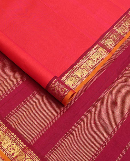 Red Plain Kanchipuram Silk Saree, Complemented by Contrast Border of Rekku, Neli, Muthu and Yaanai Designs, Zari Designs Woven Pallu, and Paired with a Contrast Blouse