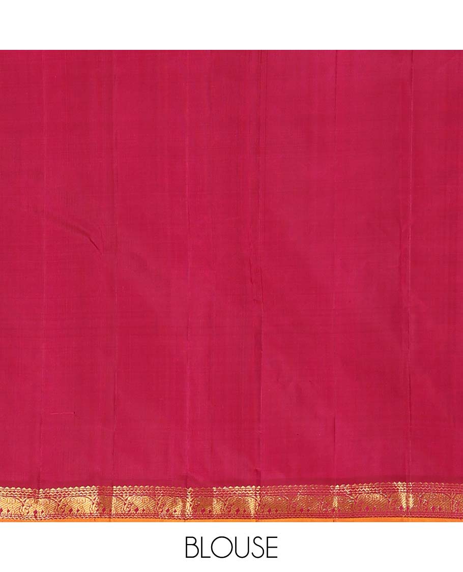 Red Plain Kanchipuram Silk Saree, Complemented by Contrast Border of Rekku, Neli, Muthu and Yaanai Designs, Zari Designs Woven Pallu, and Paired with a Contrast Blouse