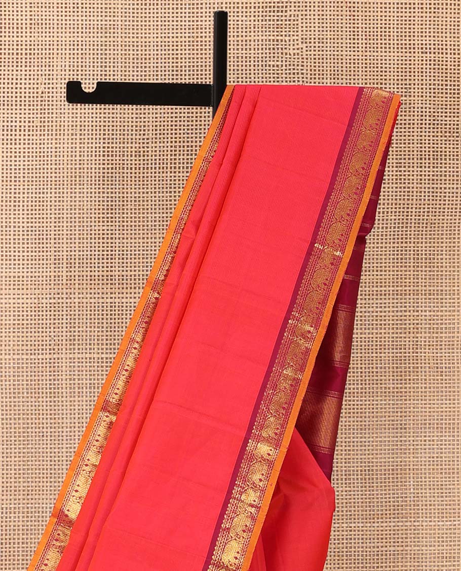 Red Plain Kanchipuram Silk Saree, Complemented by Contrast Border of Rekku, Neli, Muthu and Yaanai Designs, Zari Designs Woven Pallu, and Paired with a Contrast Blouse
