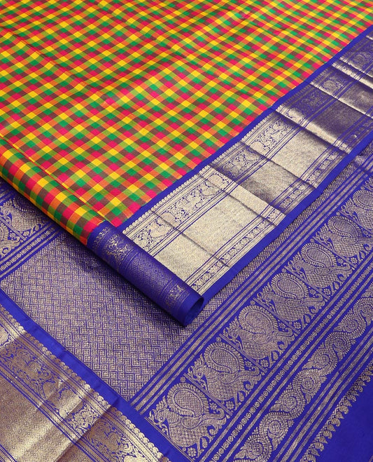 Multi-color paalum pazhamum checked Kanchipuram silk saree, contrast korvai border of manga mokku, kathir, muthu, mayil, and jaal design, and jaal pallu