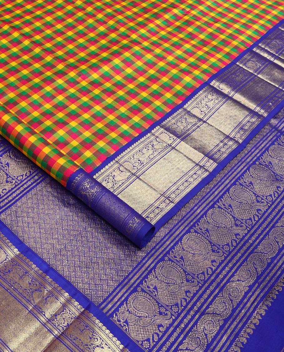Multi-color paalum pazhamum checked Kanchipuram silk saree, contrast korvai border of manga mokku, kathir, muthu, mayil, and jaal design, and jaal pallu