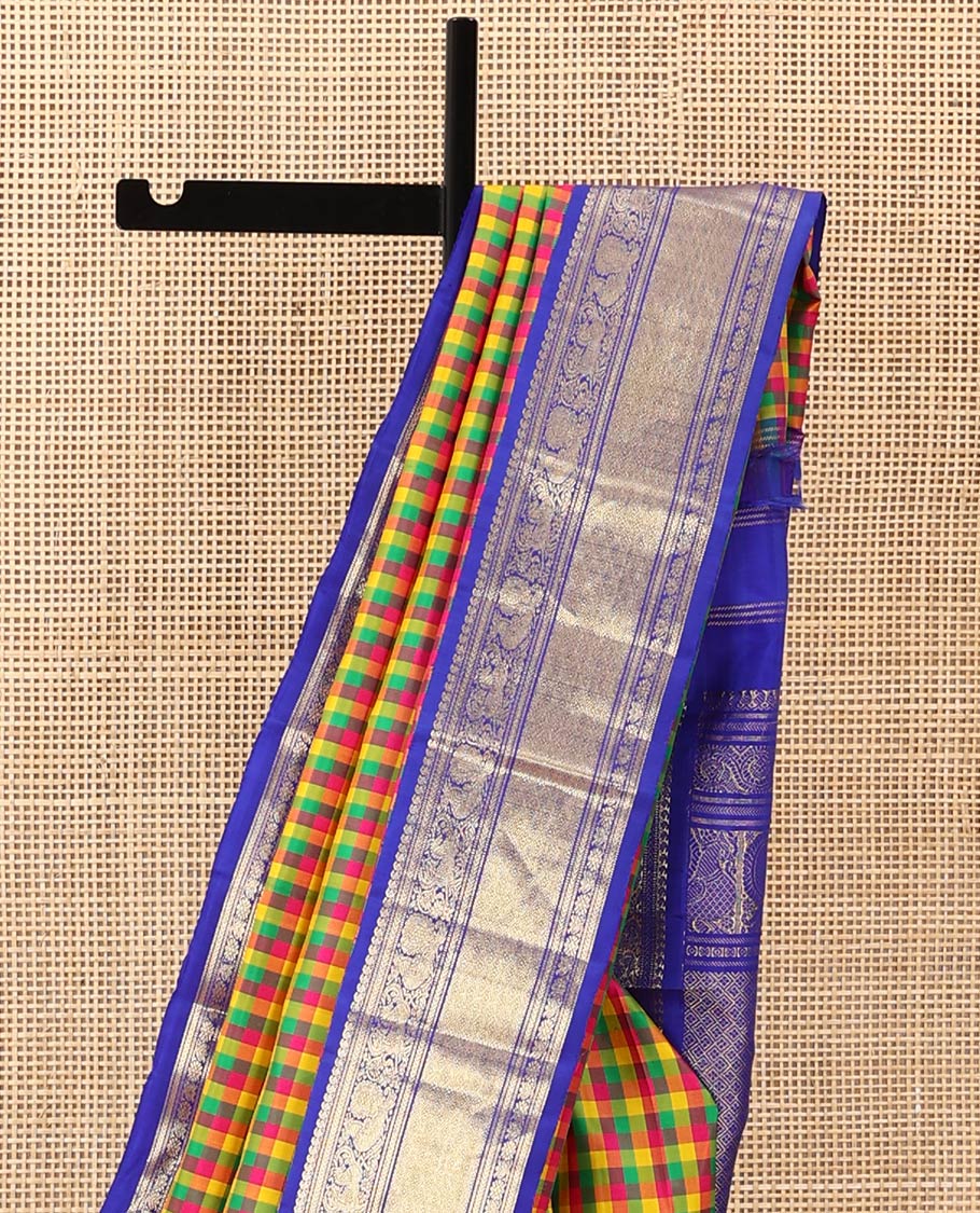 Multi-color paalum pazhamum checked Kanchipuram silk saree, contrast korvai border of manga mokku, kathir, muthu, mayil, and jaal design, and jaal pallu