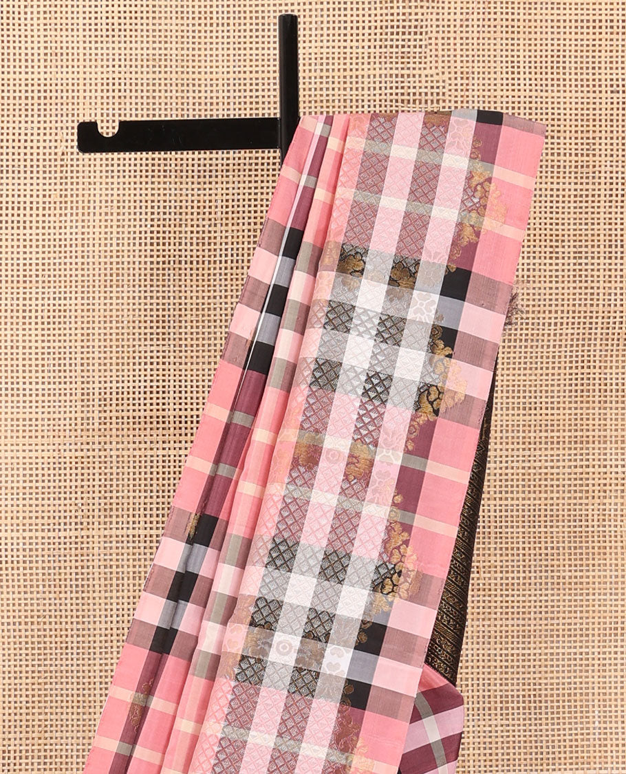 Borderless multi-color checked Kanchipuram silk saree features zari woven ara maadam and floral designs, contrast traditional zari motifs steeped pallu