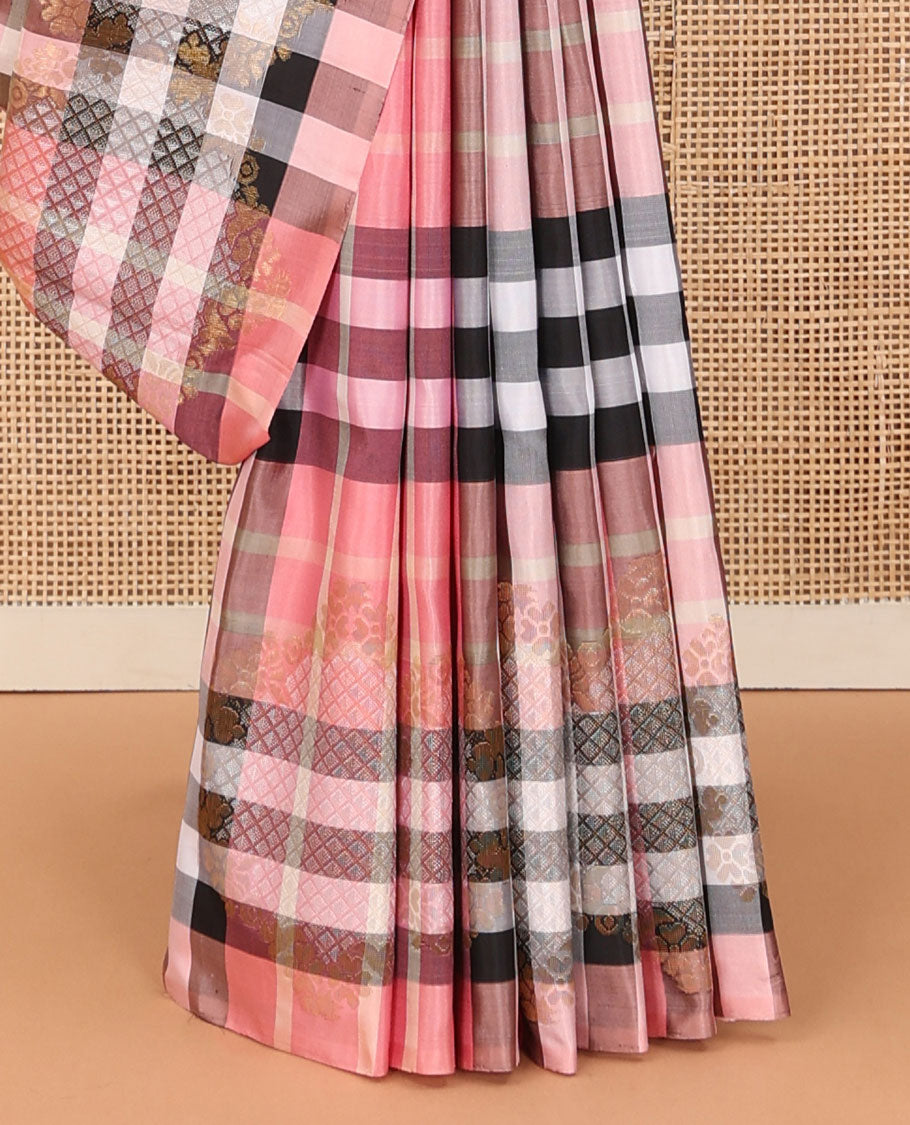 Borderless multi-color checked Kanchipuram silk saree features zari woven ara maadam and floral designs, contrast traditional zari motifs steeped pallu