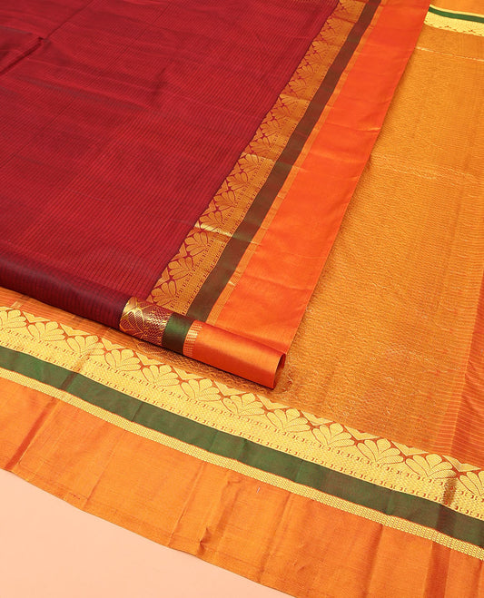 Maroon Kanchipuram Silk Saree, Sparsely Woven with Vazhaipoo Stripes on Its Body, Complemented by a Contrast Kal Erangina Border of Traditional Designs, Sparsely Woven Pallu, and Paired with a Contrast Blouse