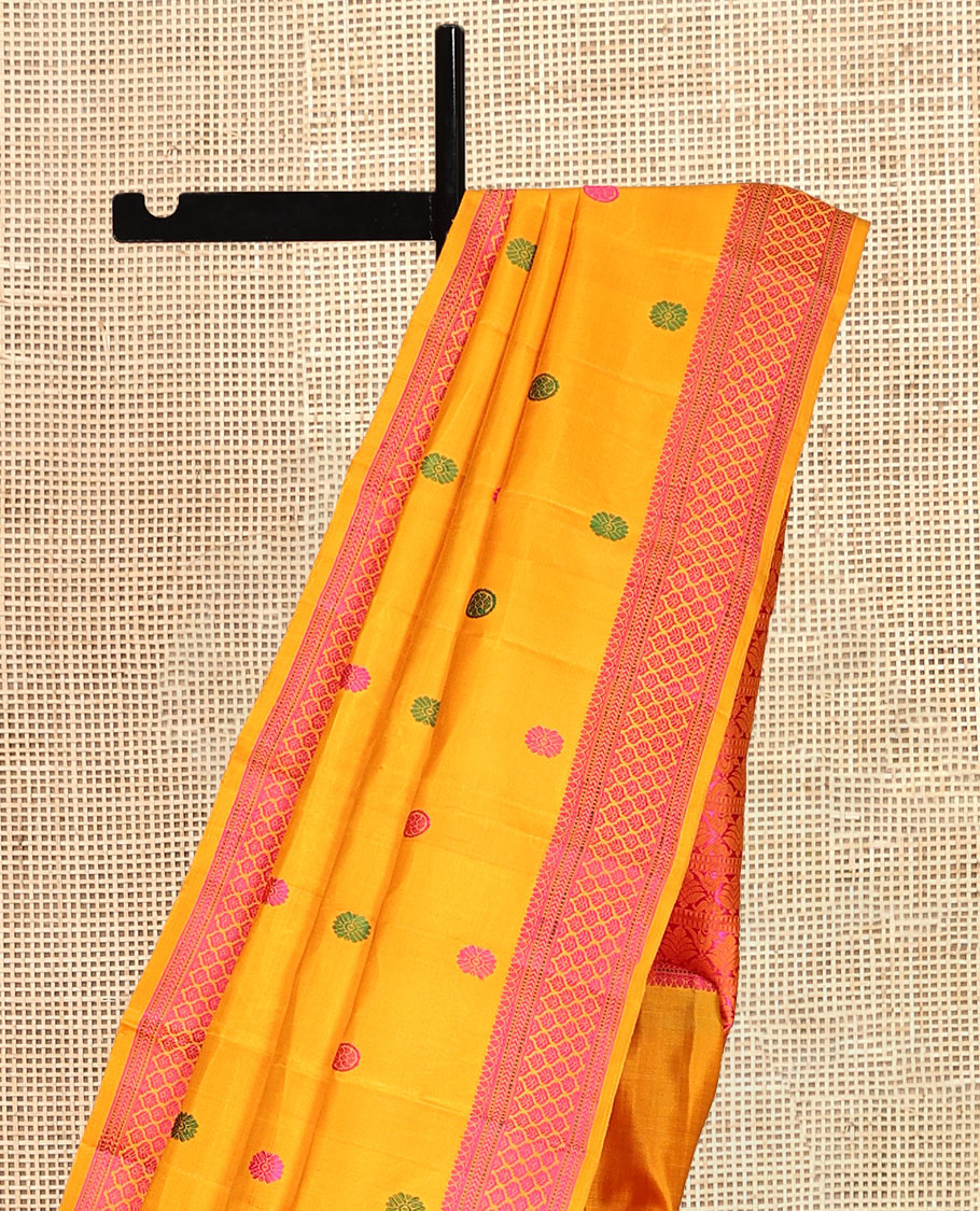 Yellow Thread Buttas Kanchipuram Silk Saree, a Threadwork Border, Intricate Threadwork Pallu, Matching Blouse