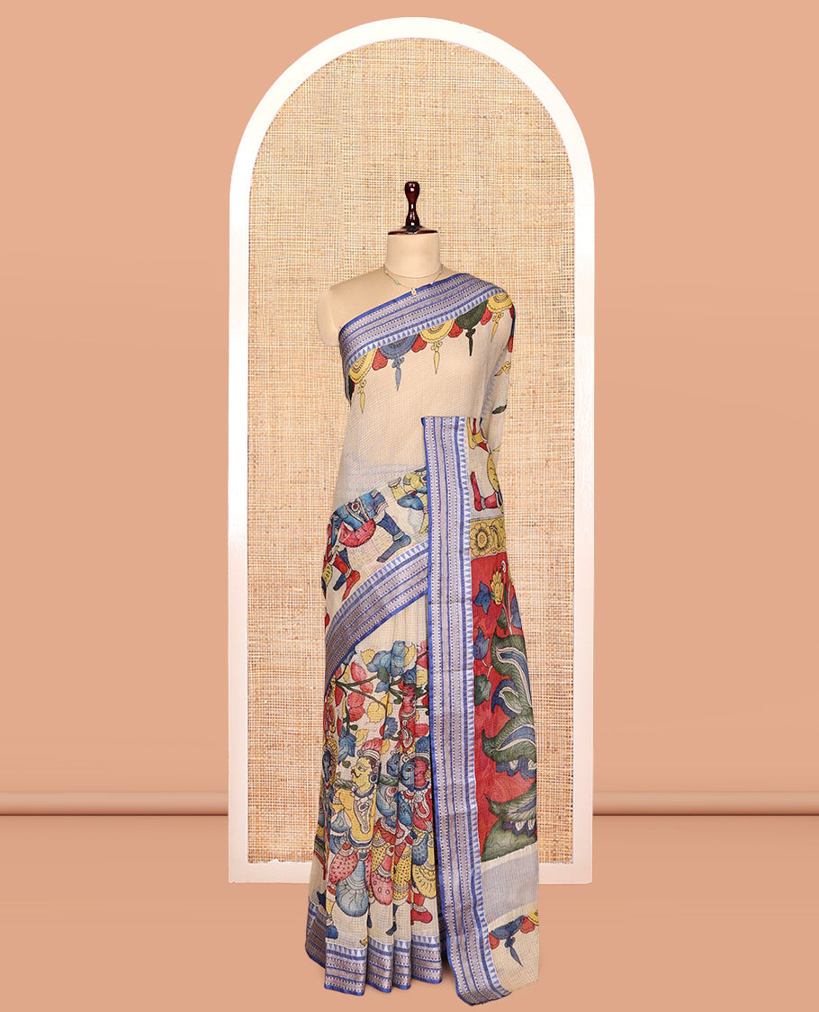 Light Sandal Kalamkari Silk Saree, Masterfully Woven with Human Figurines, a Contrast Traditional Border, Peacock Pallu, and a Contrast Blouse
