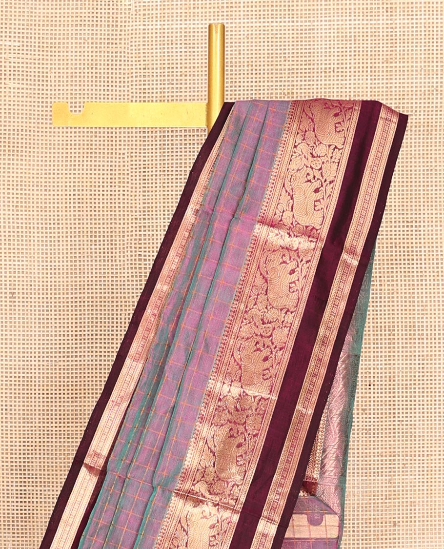 Purple Checked Kuppadam Silk Saree, Contrast Double-Pet Elephant Border, Grand Pallu, Matching Blouse
