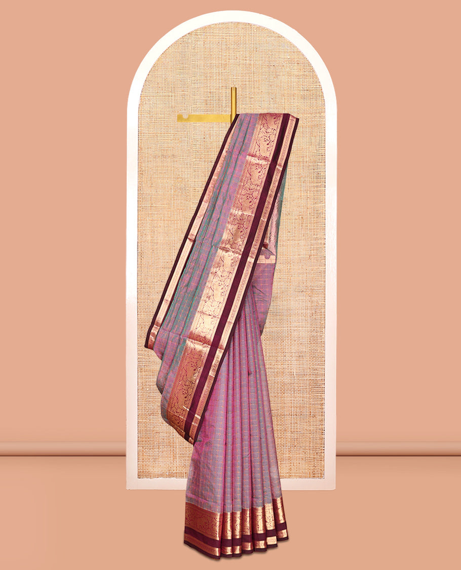 Purple Checked Kuppadam Silk Saree, Contrast Double-Pet Elephant Border, Grand Pallu, Matching Blouse