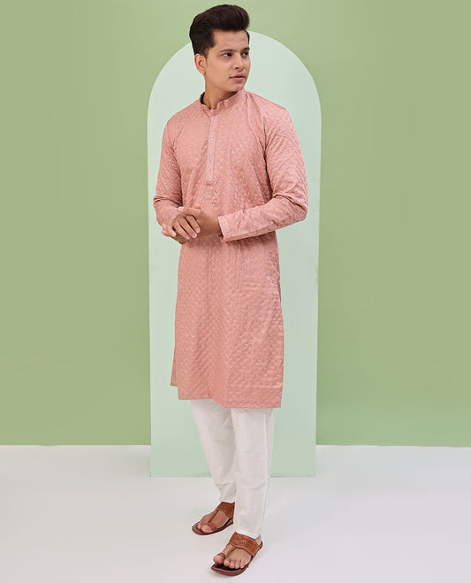 Onion Pink sequin argyle embroidered full-sleeved kurta