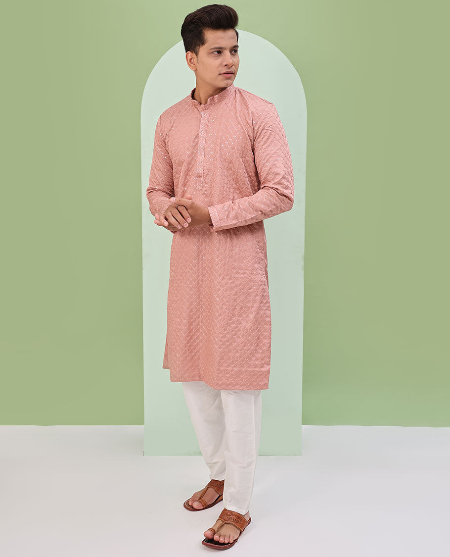 Onion Pink sequin argyle embroidered full-sleeved kurta