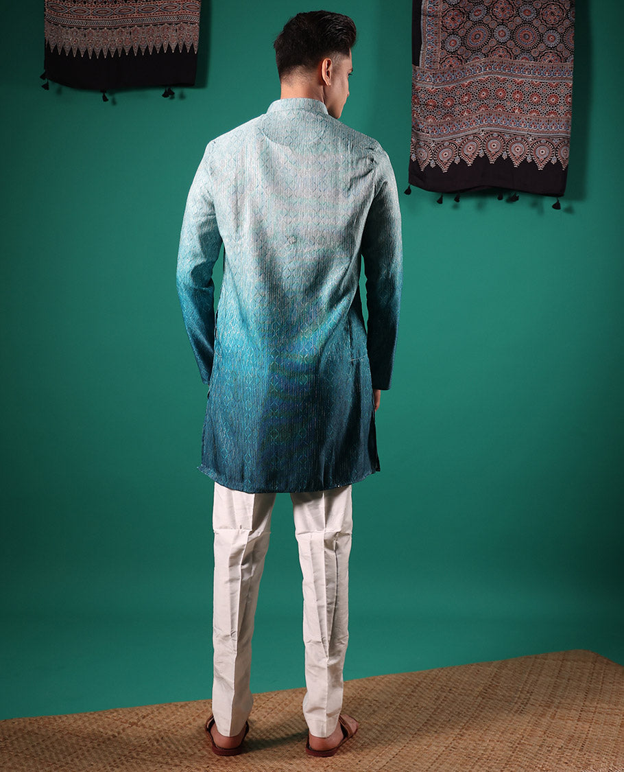 Blue ombre-toned with sequins embroidered jaal patterned full-sleeved men's kurta