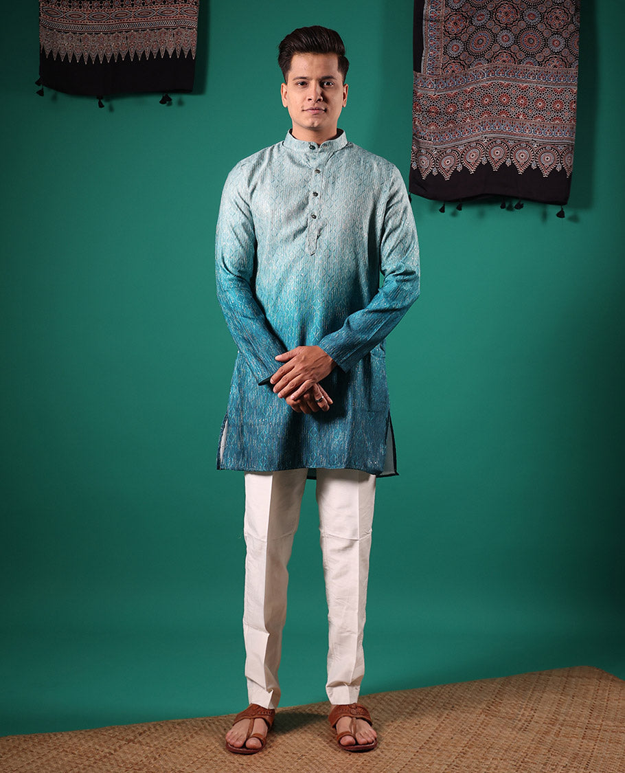 Blue ombre-toned with sequins embroidered jaal patterned full-sleeved men's kurta