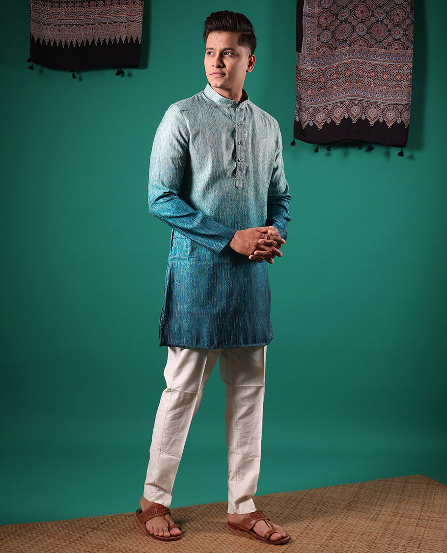Blue ombre-toned with sequins embroidered jaal patterned full-sleeved men's kurta