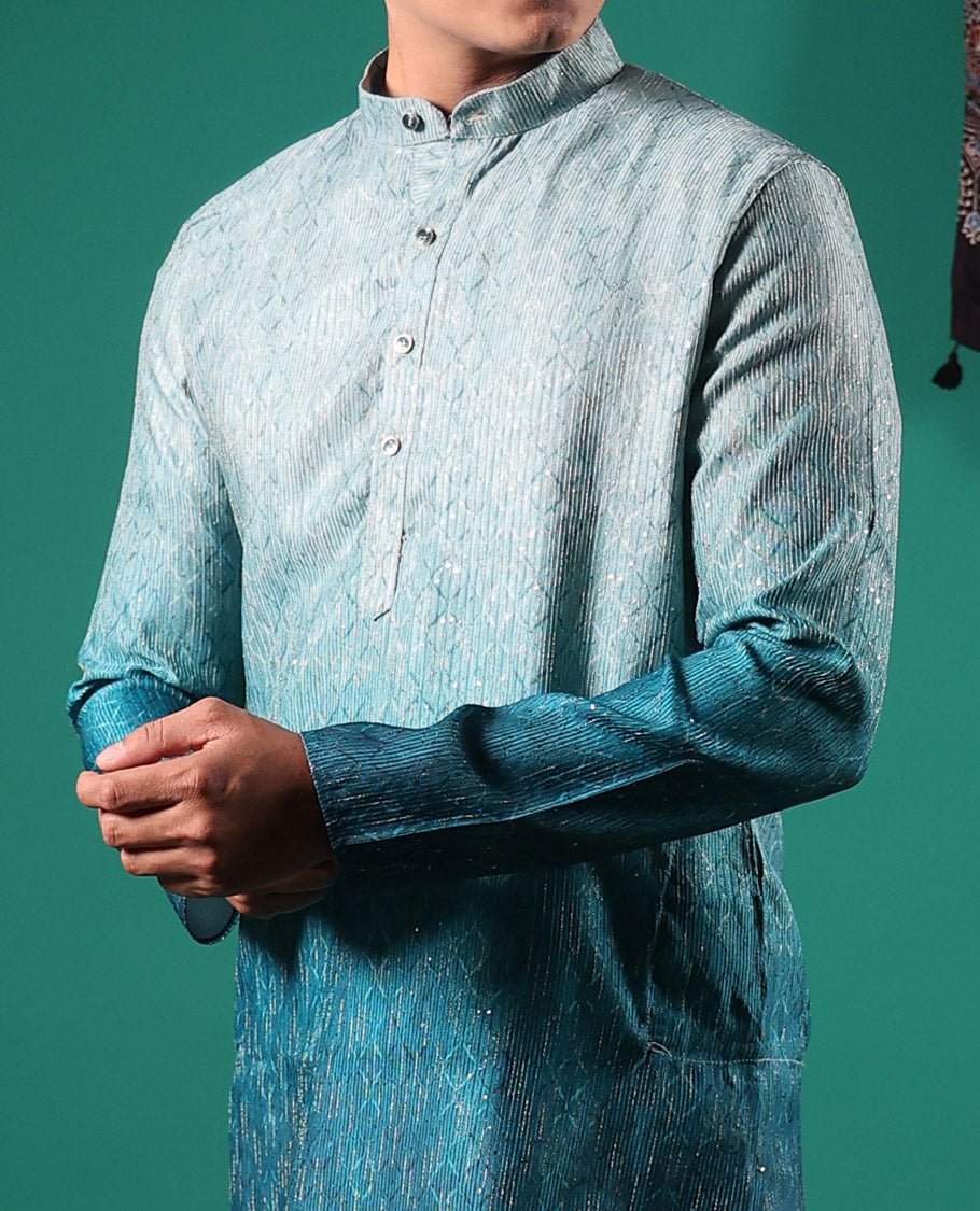 Blue ombre-toned with sequins embroidered jaal patterned full-sleeved men's kurta