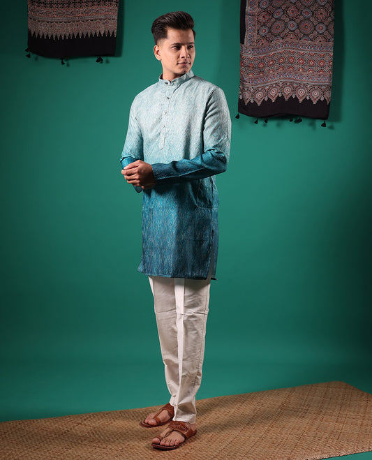Blue ombre-toned with sequins embroidered jaal patterned full-sleeved men's kurta