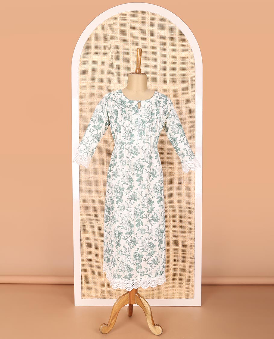 White floral design with lace border round neck, 3/4 th sleeve, below knee kurti
