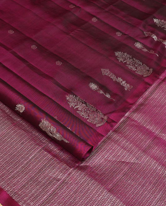 Borderless wine soft silk saree with zari buttas, pallu steeped with zari designs