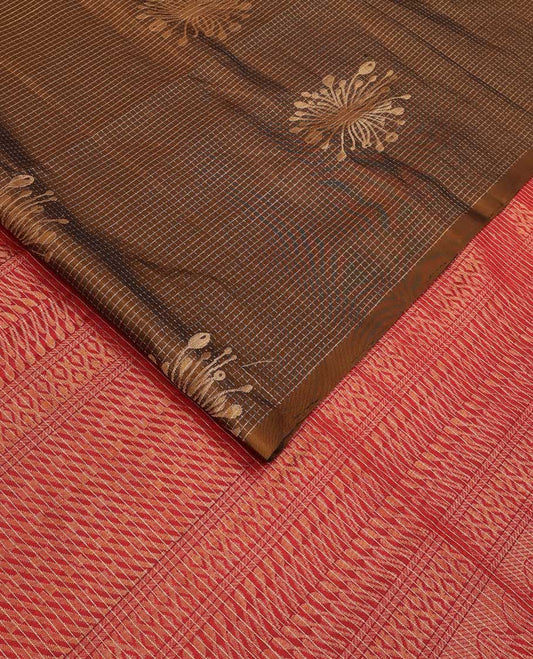 Borderless brown micro-checked and floral zari buttas soft silk saree, contrast geometric patterned pallu