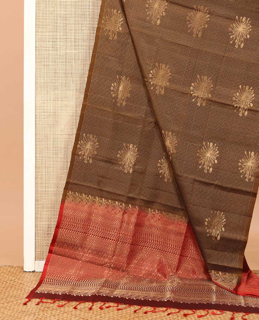 Borderless brown micro-checked and floral zari buttas soft silk saree, contrast geometric patterned pallu