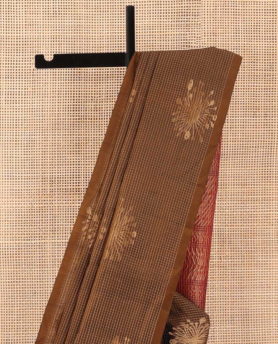 Borderless brown micro-checked and floral zari buttas soft silk saree, contrast geometric patterned pallu