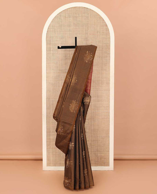 Borderless brown micro-checked and floral zari buttas soft silk saree, contrast geometric patterned pallu