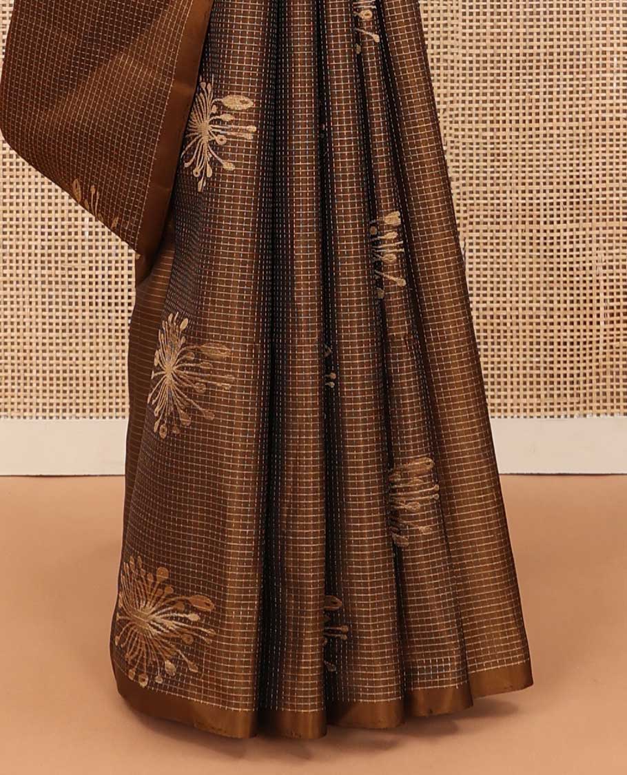 Borderless brown micro-checked and floral zari buttas soft silk saree, contrast geometric patterned pallu