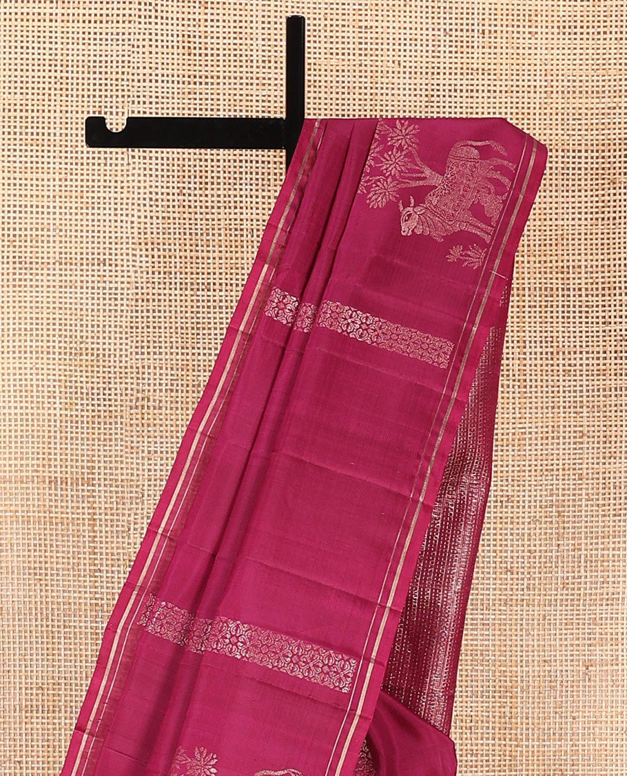 Red pichwai cow motifs soft silk saree, zari piping border, and pallu of stripes and muthu designs