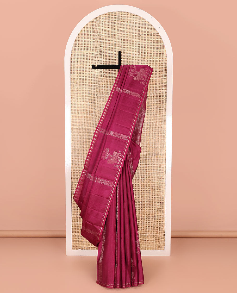 Red pichwai cow motifs soft silk saree, zari piping border, and pallu of stripes and muthu designs