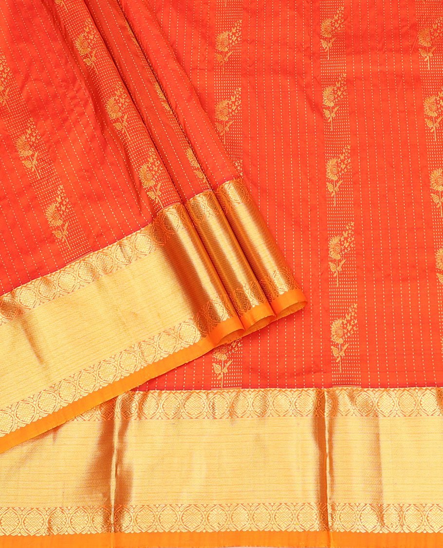Orange Pure Silk Material Half Saree, Embellished with Zari Stripes and Zari Buttas Skirt, a Contrast Traditional Zari Border, and a Contrast Blouse