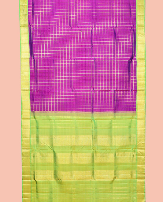 Purple Nine-Yard Silk Saree, Enriched with a Checked Zari Design, Complemented by Contrast Korvai Ara Maadam Border, Pallu of Ara Maadam Designs, and No Blouse