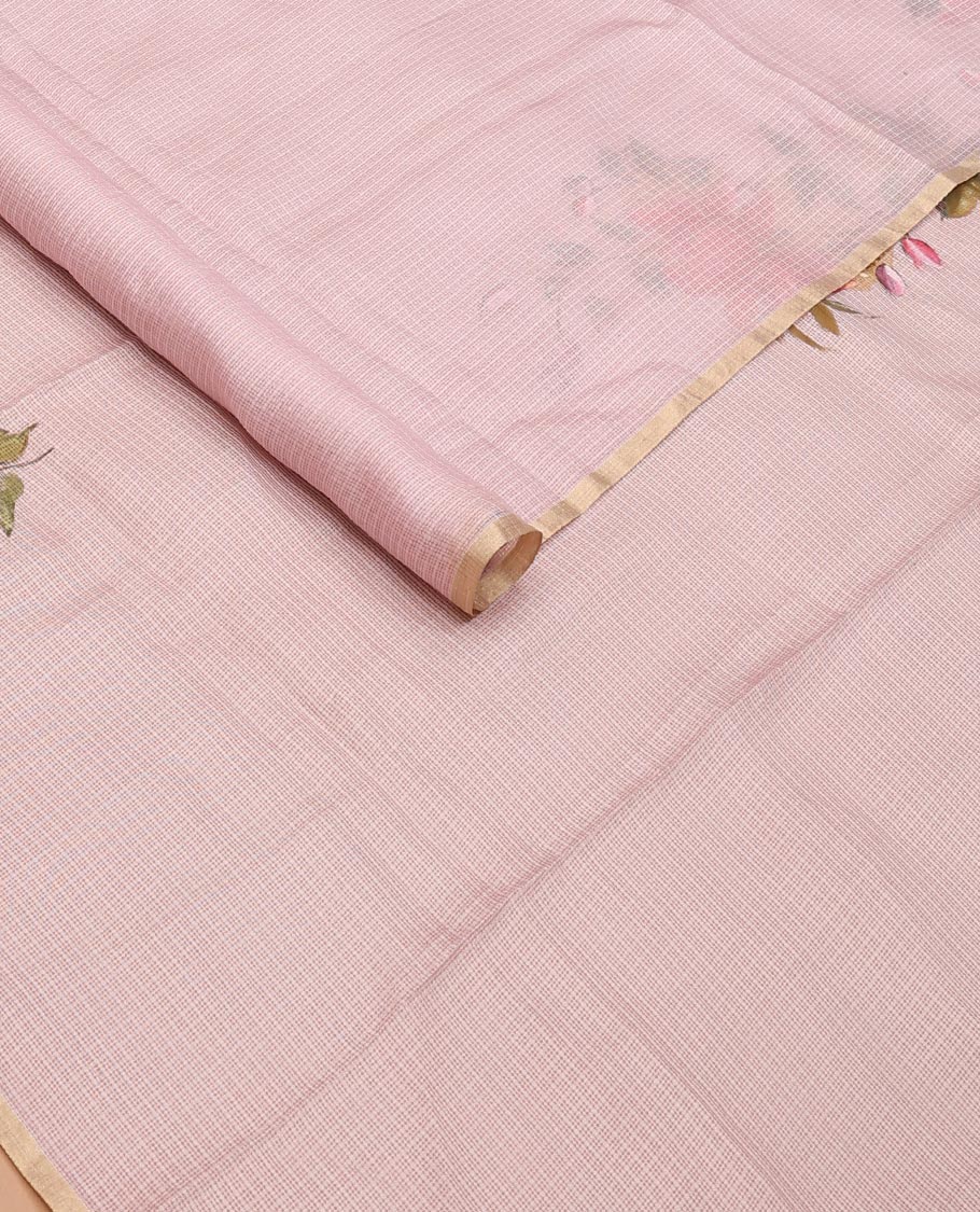Pastel pink floral motifs hand-painted pure-kota silk saree, piping border, floral hand-painted pallu & plain matching blouse