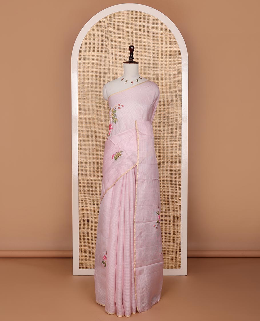Pastel pink floral motifs hand-painted pure-kota silk saree, piping border, floral hand-painted pallu & plain matching blouse