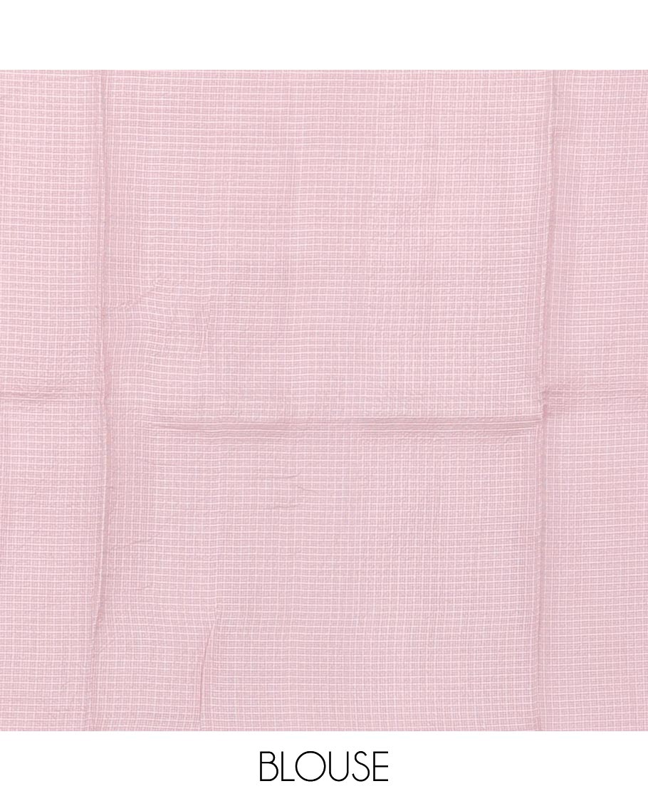 Pastel pink floral motifs hand-painted pure-kota silk saree, piping border, floral hand-painted pallu & plain matching blouse