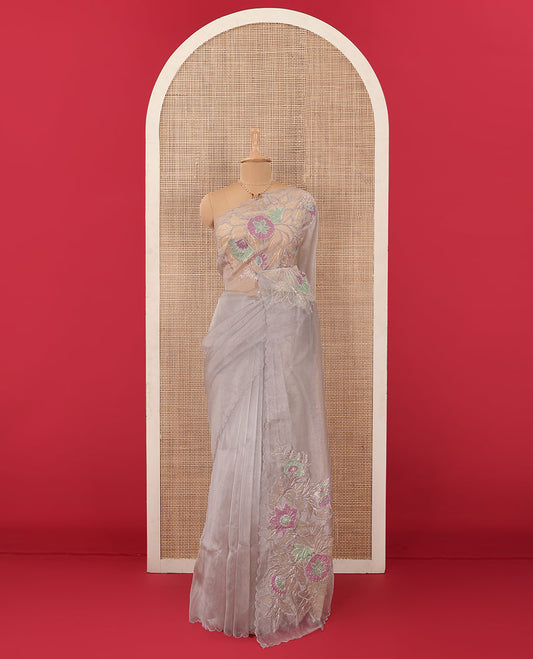 Grey tropical floral motifs thread embroidered organza saree, scallop border, and floral embroidered pallu