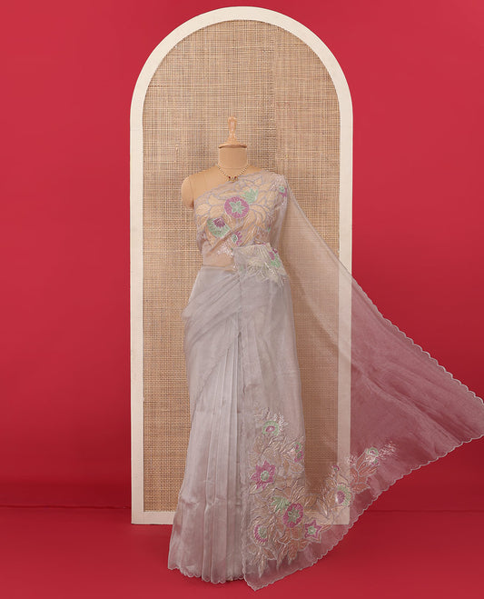 Grey tropical floral motifs thread embroidered organza saree, scallop border, and floral embroidered pallu