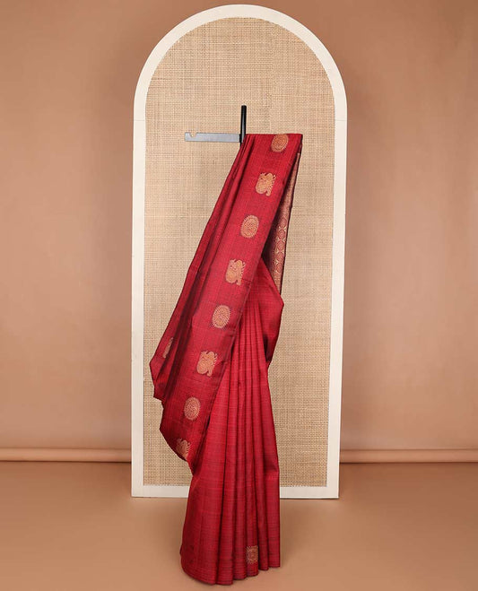 Red intricate embossed design silk saree with self border of poo chkaram, mayil design & checked floral design pallu