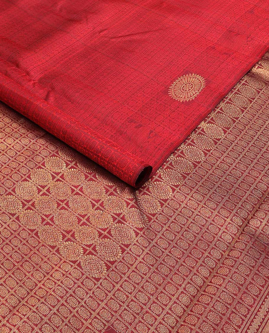 Red intricate embossed design silk saree with self border of poo chkaram, mayil design & checked floral design pallu