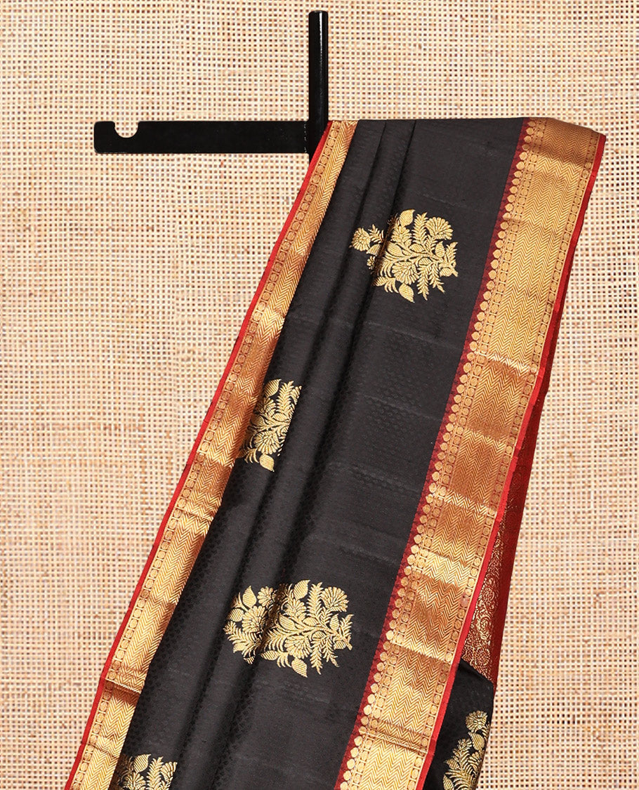 Black Embossed-Zari Buttas Kanchipuram Silk Saree, a Contrast Vanki Border, Mayil-Chakram Pallu, Contrast Blouse