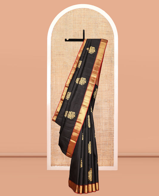 Black Embossed-Zari Buttas Kanchipuram Silk Saree, a Contrast Vanki Border, Mayil-Chakram Pallu, Contrast Blouse