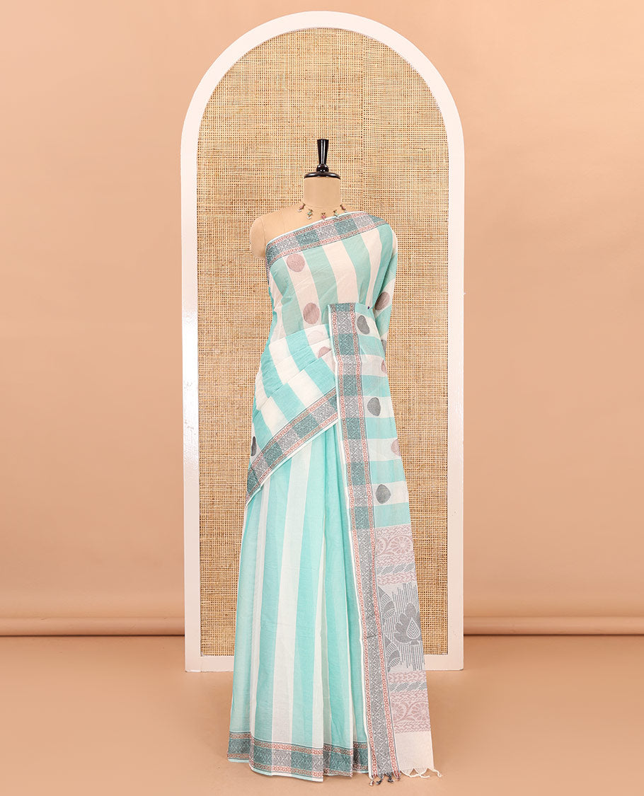 Sea green striped and polka thread dotted woven nagama cotton saree , traditional thread border, pallu of floral and leaf design, and plain blouse